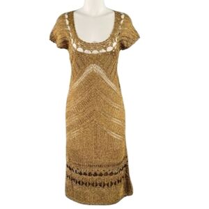 Diane von Furstenberg Gold Knit Shift Dress Petite Scoop Neck Glitter Crochet